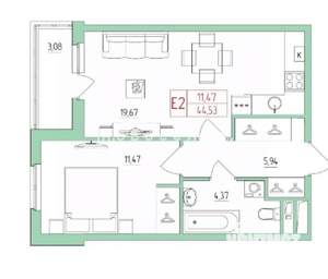 1-к квартира, на длительный срок, 45м2, 2/26 этаж