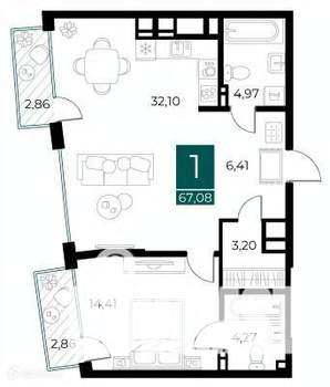1-к квартира, вторичка, 67м2, 10/14 этаж