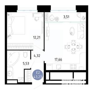1-к квартира, вторичка, 43м2, 17/20 этаж