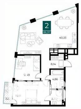 2-к квартира, вторичка, 87м2, 9/13 этаж