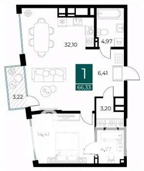 1-к квартира, вторичка, 66м2, 9/13 этаж