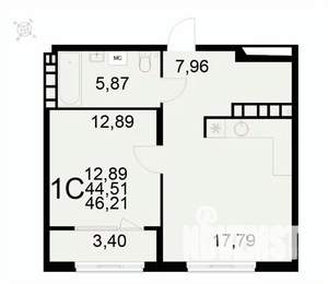 1-к квартира, вторичка, 46м2, 14/22 этаж