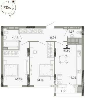 2-к квартира, вторичка, 58м2, 16/24 этаж