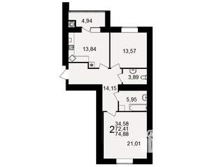2-к квартира, вторичка, 72м2, 13/15 этаж