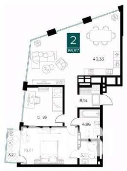 2-к квартира, вторичка, 87м2, 9/14 этаж