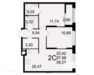 2-к квартира, вторичка, 59м2, 2/11 этаж