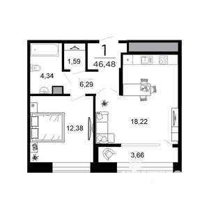 1-к квартира, вторичка, 46м2, 2/19 этаж