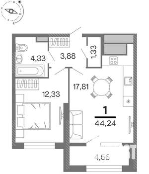 1-к квартира, строящийся дом, 44м2, 7/15 этаж