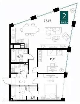 2-к квартира, вторичка, 89м2, 4/14 этаж