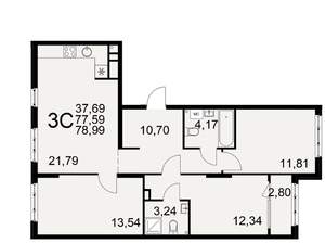 3-к квартира, вторичка, 79м2, 1/22 этаж