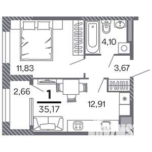 1-к квартира, строящийся дом, 35м2, 1/25 этаж