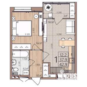 1-к квартира, строящийся дом, 43м2, 6/8 этаж