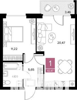 1-к квартира, вторичка, 42м2, 9/9 этаж