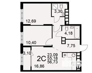 2-к квартира, вторичка, 55м2, 12/22 этаж