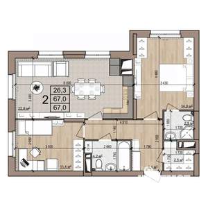2-к квартира, строящийся дом, 67м2, 8/25 этаж