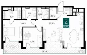 2-к квартира, вторичка, 89м2, 9/14 этаж