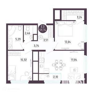 2-к квартира, вторичка, 60м2, 9/19 этаж