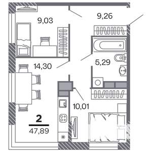 2-к квартира, строящийся дом, 48м2, 2/25 этаж