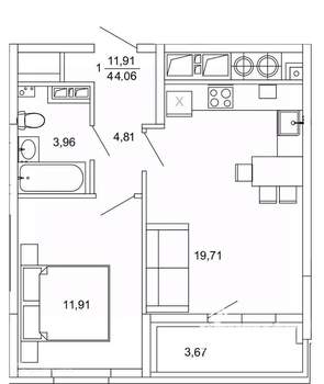 1-к квартира, вторичка, 44м2, 7/26 этаж