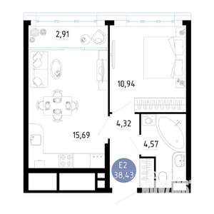 1-к квартира, вторичка, 38м2, 15/25 этаж