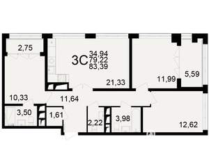 3-к квартира, вторичка, 79м2, 12/25 этаж