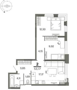 2-к квартира, вторичка, 53м2, 18/26 этаж