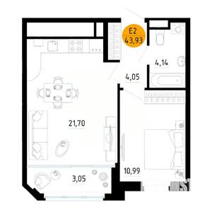 1-к квартира, вторичка, 44м2, 11/25 этаж