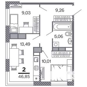2-к квартира, строящийся дом, 47м2, 23/25 этаж