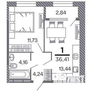 1-к квартира, строящийся дом, 36м2, 7/25 этаж