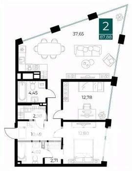 2-к квартира, вторичка, 88м2, 6/13 этаж