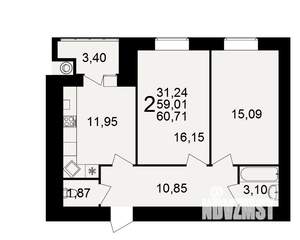 2-к квартира, вторичка, 59м2, 12/15 этаж