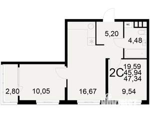 2-к квартира, вторичка, 46м2, 2/21 этаж
