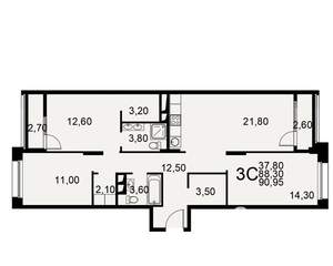 3-к квартира, вторичка, 91м2, 2/26 этаж