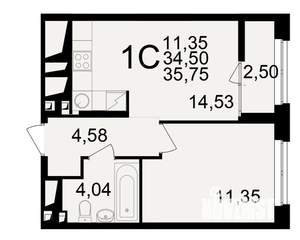 1-к квартира, вторичка, 35м2, 19/25 этаж
