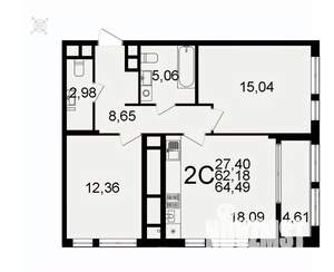2-к квартира, вторичка, 64м2, 18/26 этаж
