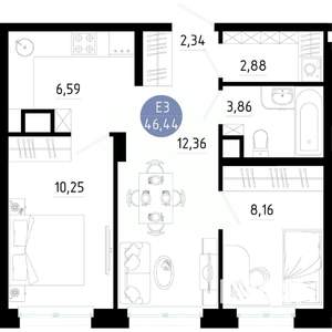 2-к квартира, вторичка, 46м2, 2/14 этаж