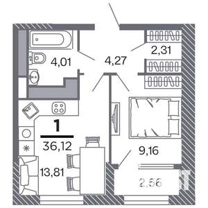 1-к квартира, строящийся дом, 36м2, 22/25 этаж