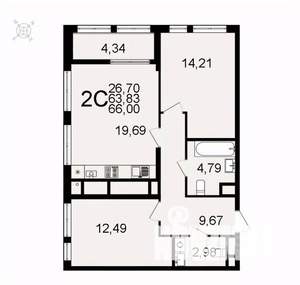 2-к квартира, вторичка, 66м2, 14/26 этаж