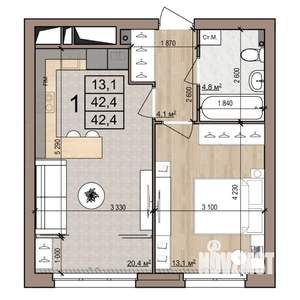 1-к квартира, строящийся дом, 42м2, 2/25 этаж