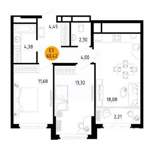 2-к квартира, вторичка, 60м2, 3/25 этаж