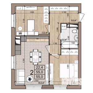 2-к квартира, строящийся дом, 55м2, 16/25 этаж