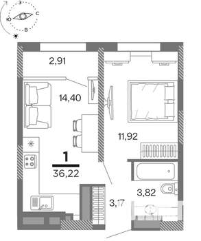 1-к квартира, вторичка, 36м2, 21/25 этаж