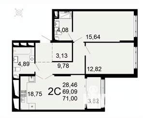 2-к квартира, вторичка, 71м2, 2/26 этаж