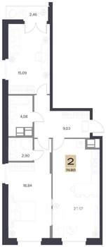 2-к квартира, строящийся дом, 75м2, 4/13 этаж