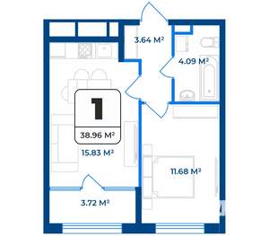1-к квартира, строящийся дом, 39м2, 4/9 этаж