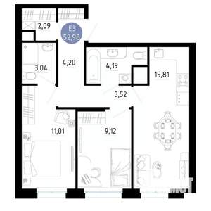 2-к квартира, вторичка, 53м2, 5/14 этаж