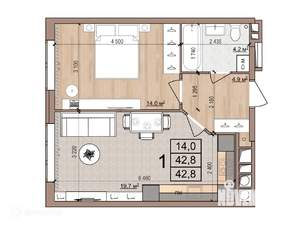 1-к квартира, вторичка, 43м2, 4/17 этаж