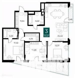 3-к квартира, вторичка, 111м2, 6/14 этаж