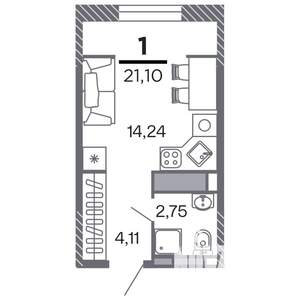 1-к квартира, строящийся дом, 21м2, 23/25 этаж