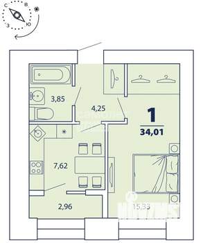 1-к квартира, вторичка, 34м2, 12/15 этаж